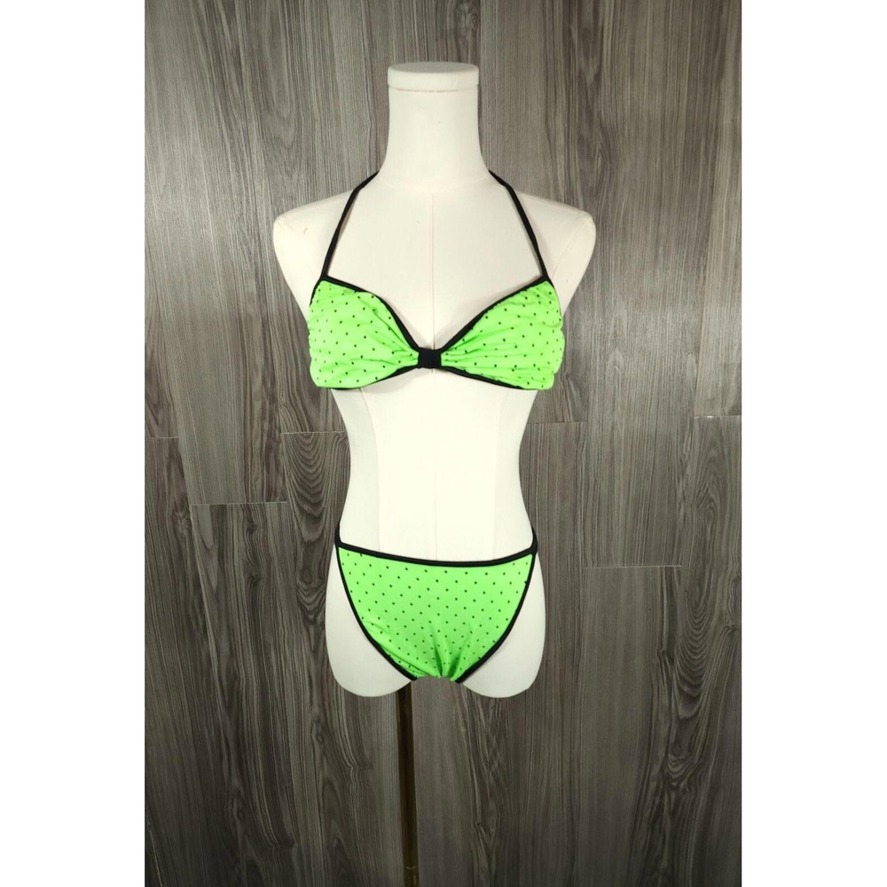 Vintage 80s Sassafras Green Polka Dot Halterneck Triangle Bikini Swimwear Size M
